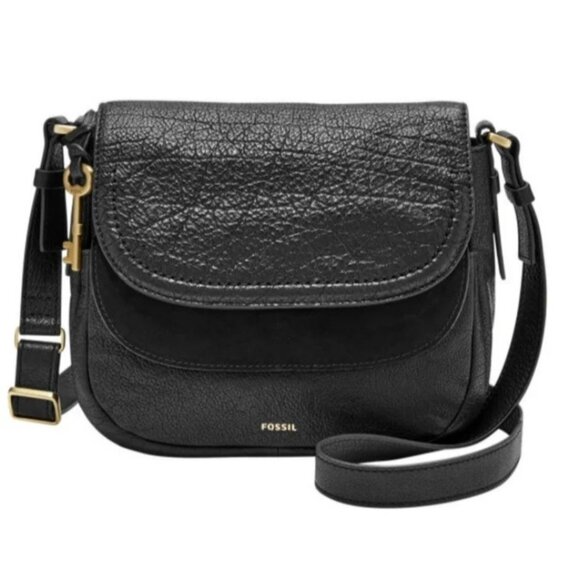 Fossil Peyton Double Flap Crossbody Small Black Leather Handbag - Picture 3 of 16